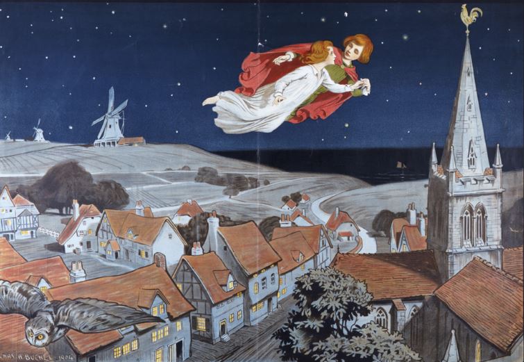 Poster iklan produksi pertama Peter Pan oleh JM Barrie, Duke of York's Theatre, London pada tanggal 27 Desember 1904, oleh Charles Buchel (1872-1950), color lithograph, Gabrielle Enthoven Collection. Museum no. S.258-1998