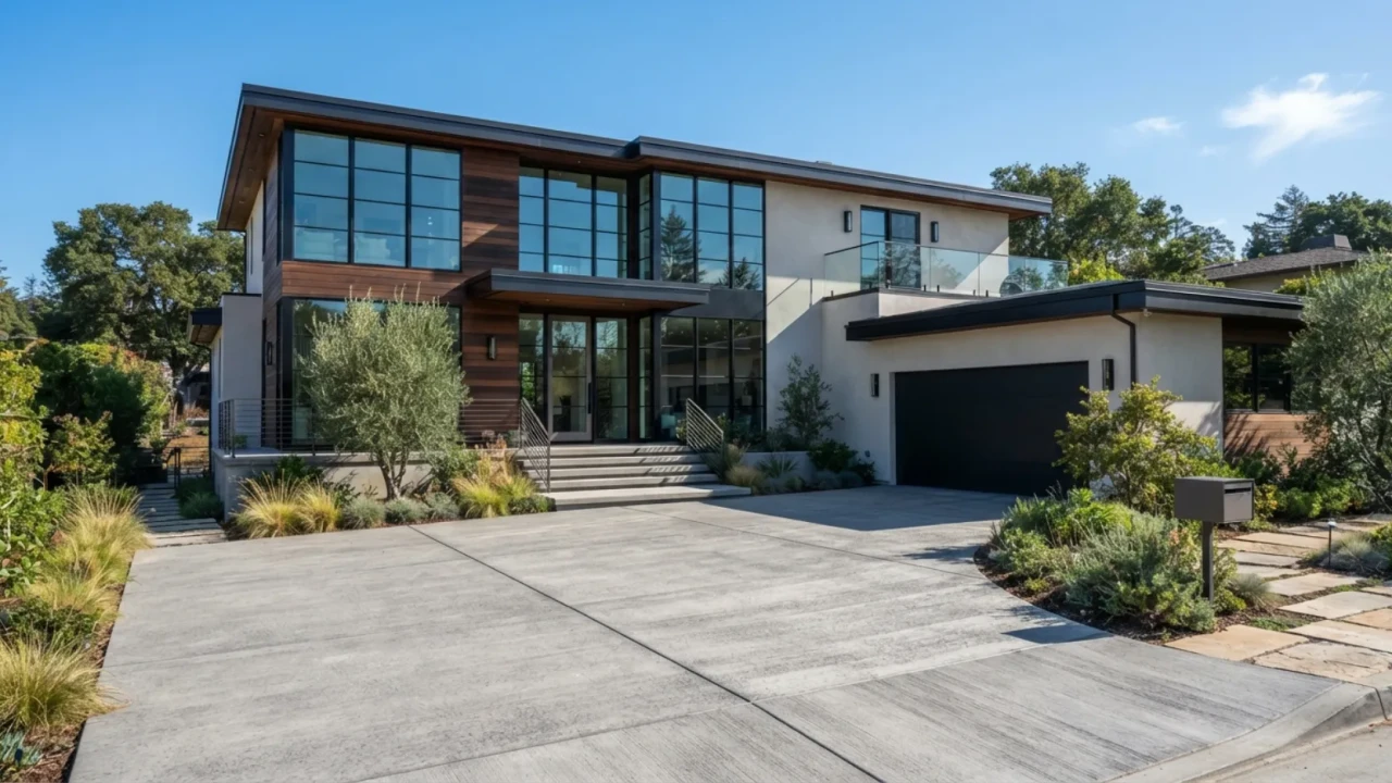 Modern two story home with clean lines paired with a textured concrete driveway