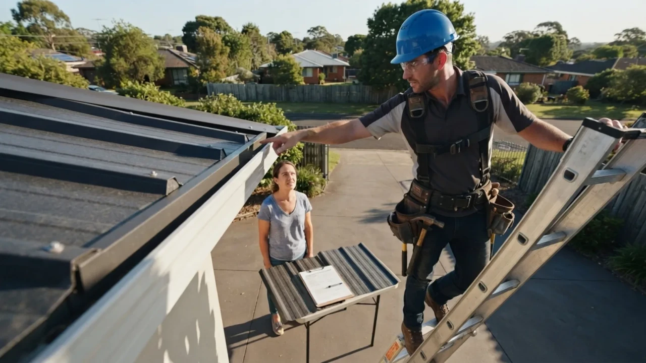 San Antonio roofing contractor reviewing metal roof overlay proposal and installation plan with homeowner