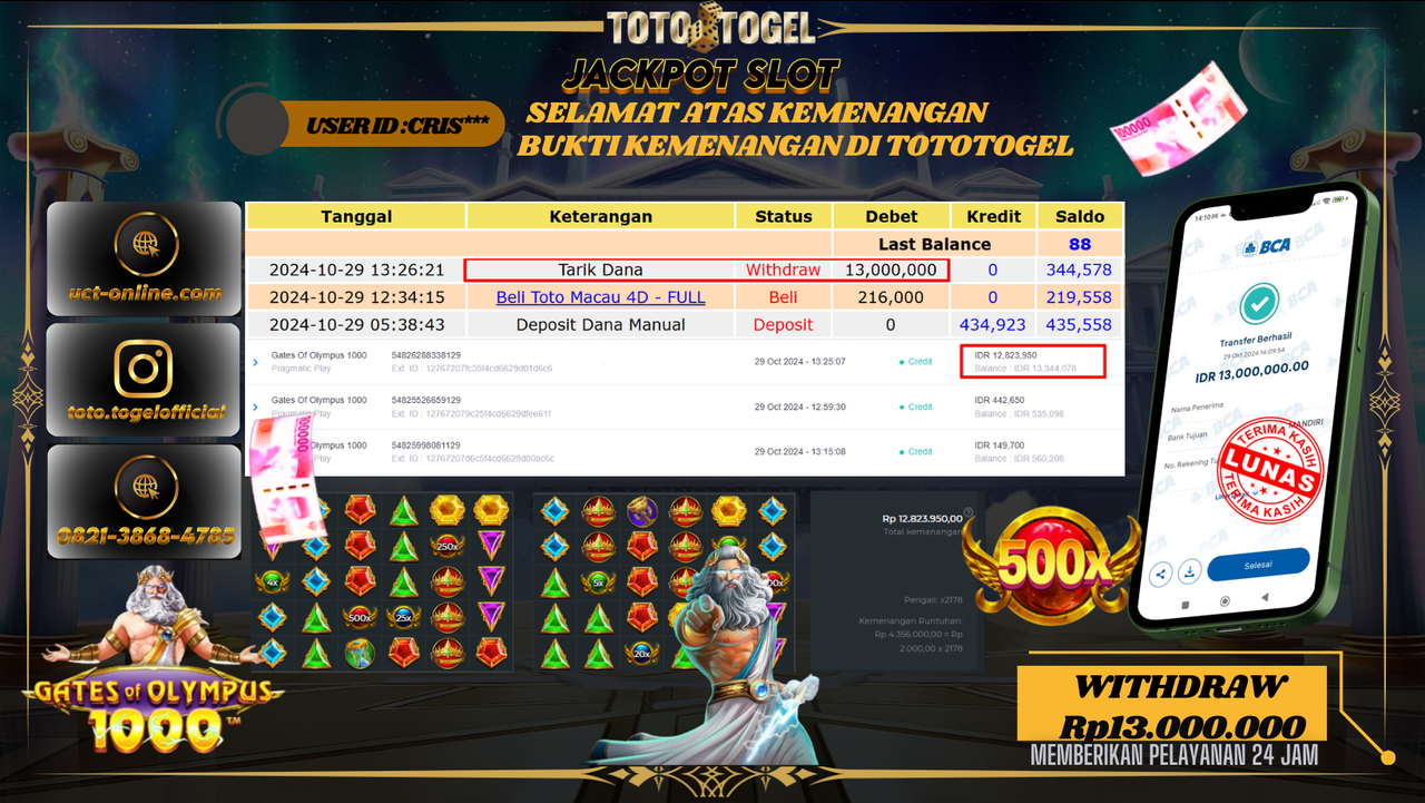 Bukti Pembayaran Permainan  Jackpot Slot Gates Of Olympus 1000 ID : CRIS*** LUNAS