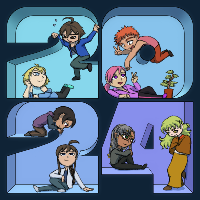 A digital drawing  of the cast of Dia's Wish in a cute deformed style, celebrating the 2024 New Year. Each of the characters is in a recessed number in a wall, with Cass and Ome occupying the first 2, Beryl and Sorrel in the 0, Aura and Dia in the second 2, and Torai and Saffron in the 4.