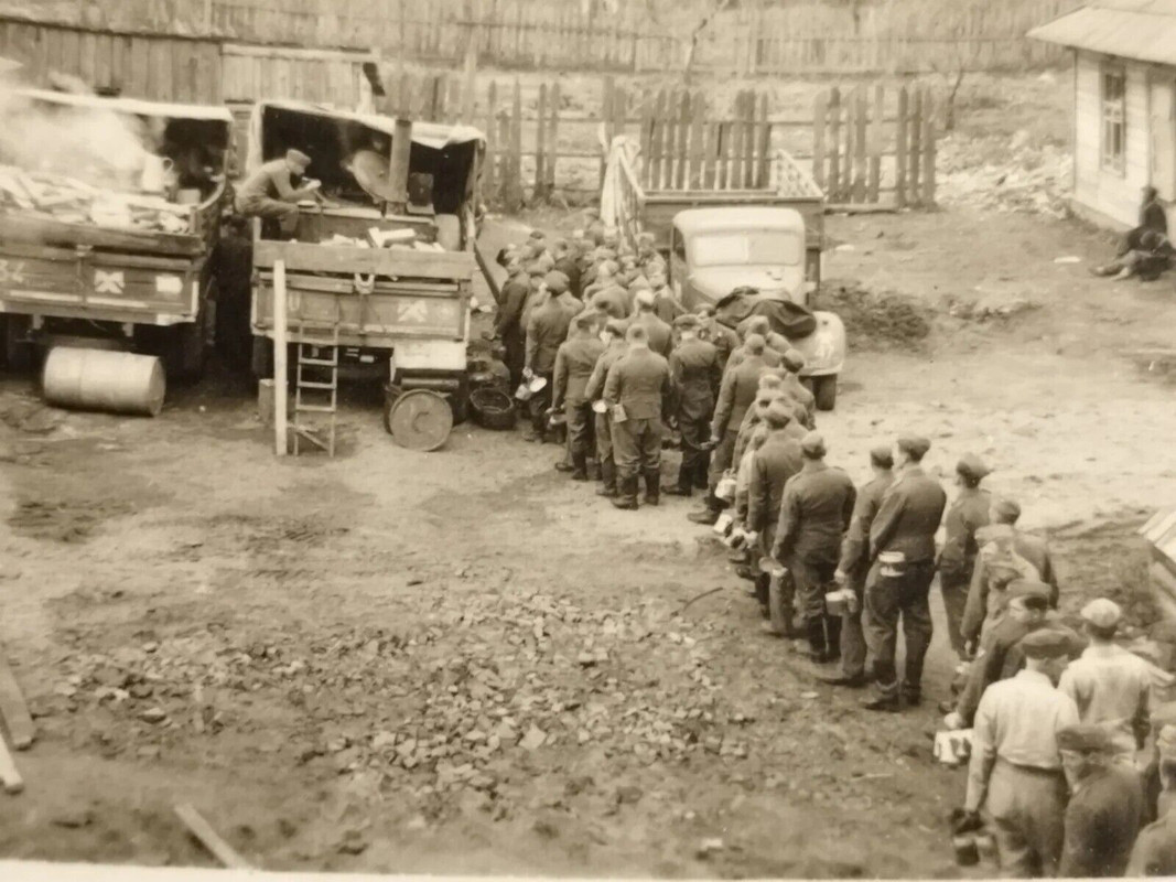 2.WK Foto Feldküchen Div Wappen Regt Zeichen gekreuzte Pferdeköpfe Ostfront LKWs