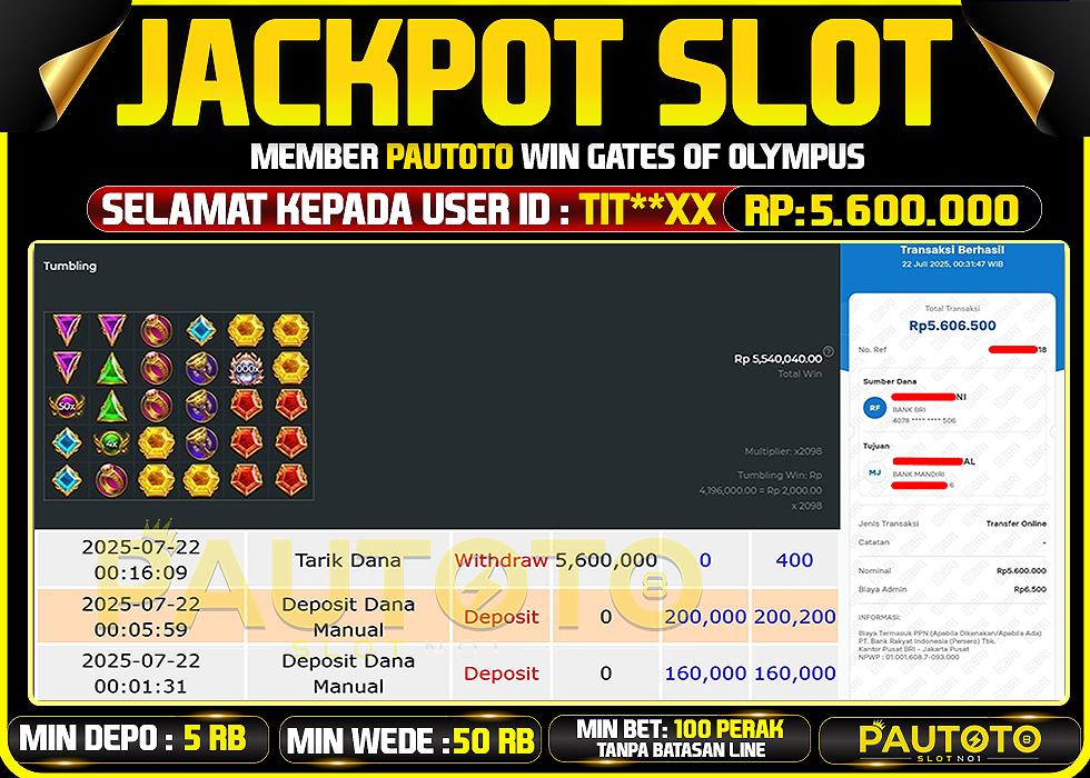 BUKTI PEMBAYARAN TGL 21 JULY 2025 MENANG DI PERMAINAN GATES OF OLYMPUS TOTAL WD 5 JUTAAN