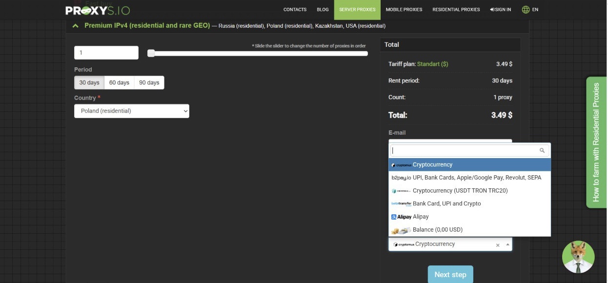 Choosing a payment method on Proxys.io