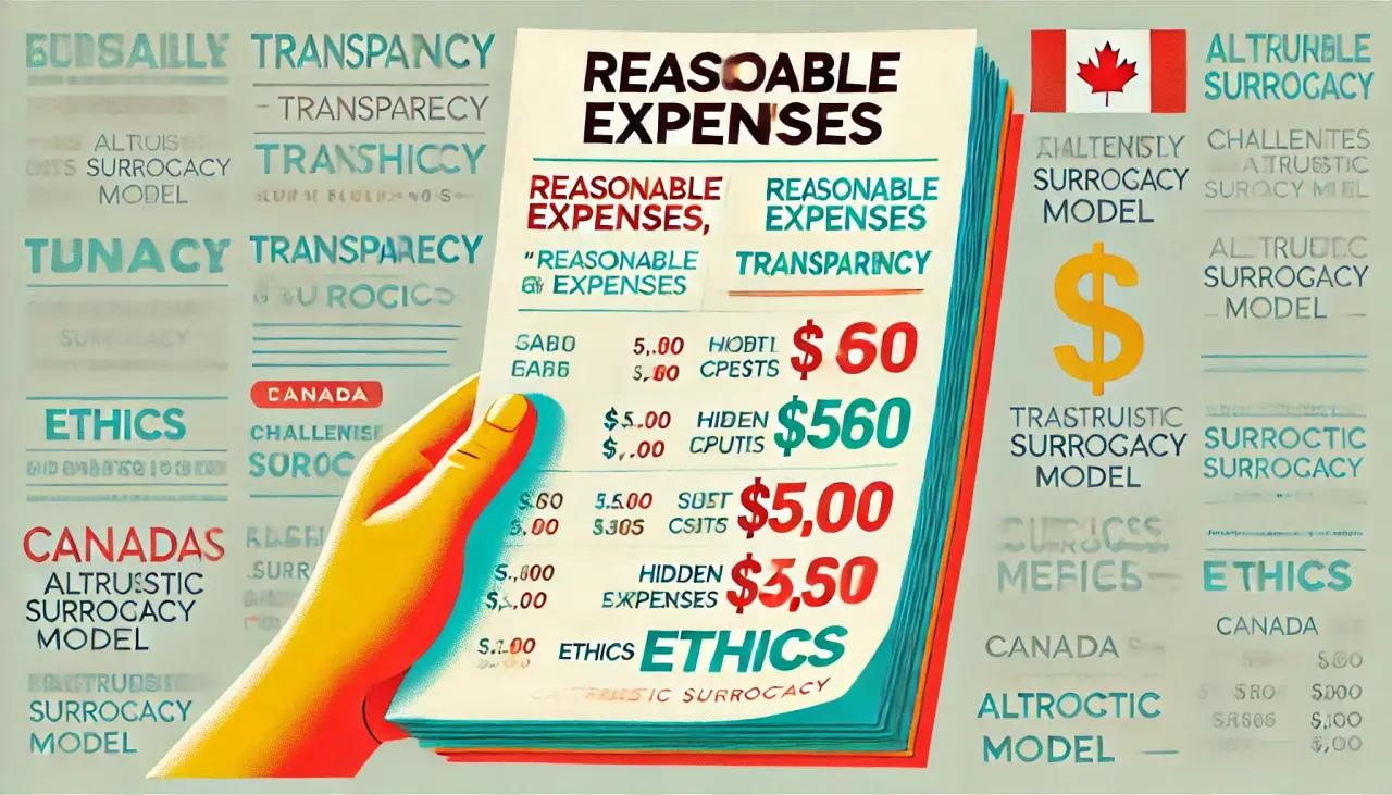 Illustration depicting the hidden financial costs within Canada’s altruistic surrogacy model, with obscured expense details.