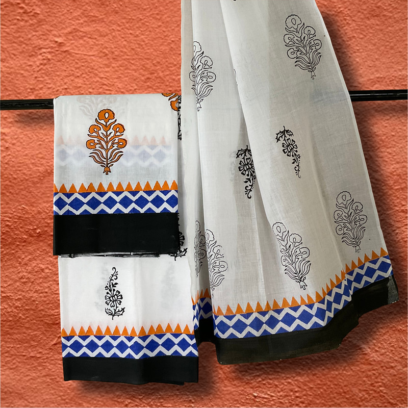 Hand Block Printed White Cotton Dress Material with Black, Blue, Orange Color Designs and Dupatta