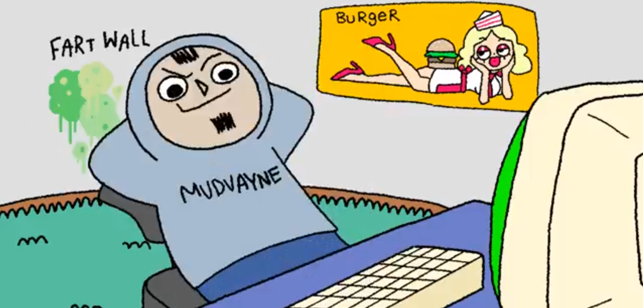 the mudvayne hoodie guy leans back in his chair smugly with a gross green fartwall behind him