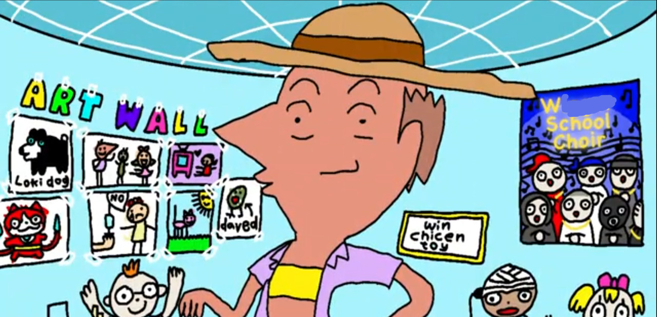 a censored version of the word can be seen on a poster behind Gay advertising a W school choir