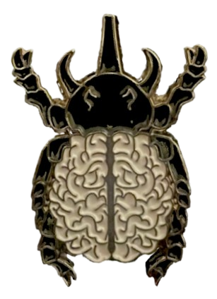 an enamel pin of a black hercules beetle with a light gray brain as its abdomen