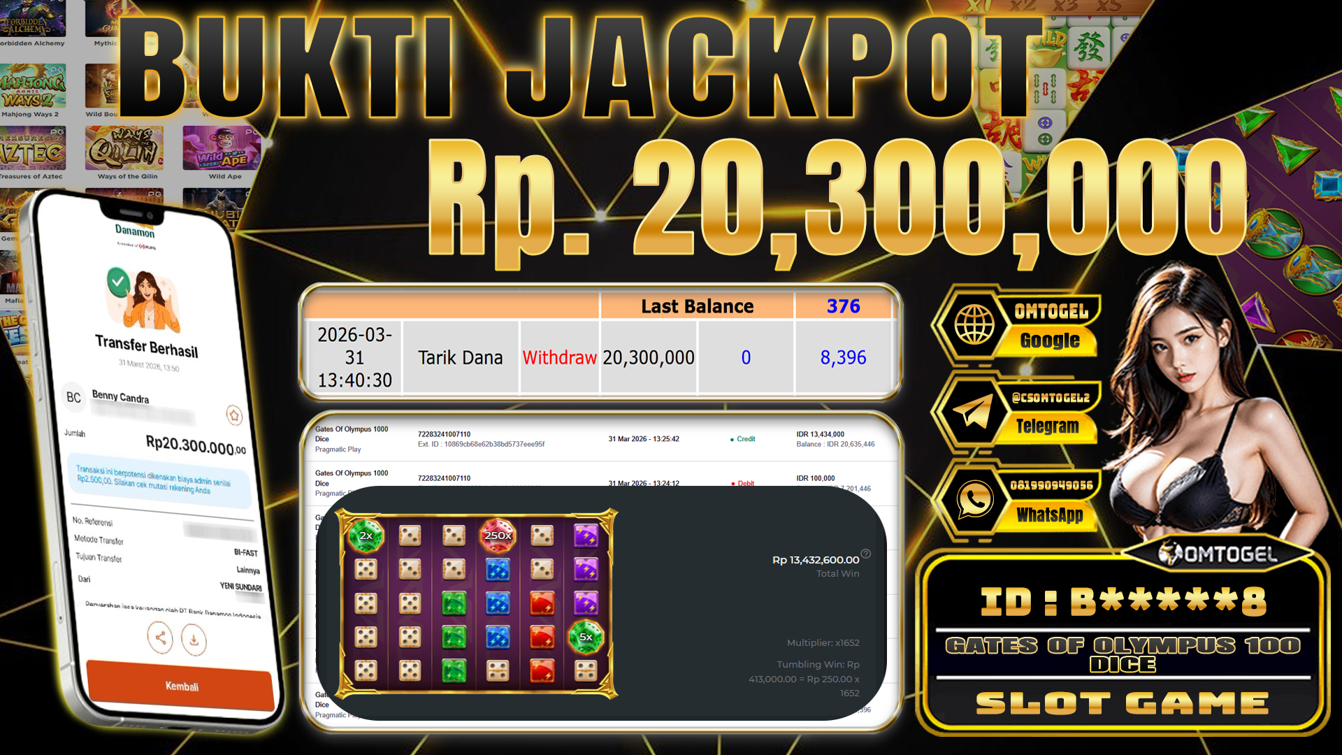 OMTOGEL JACKPOT PRAGMATIC PLAY GATES OF OLYMPUS 1000 DICE ,20 JUTA DI BAYAR LUNAS ,-