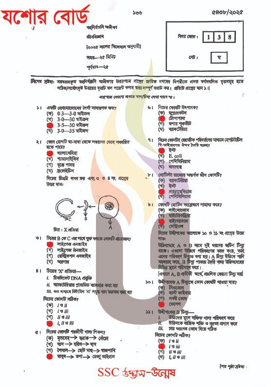 Biology MCQ Question Solution Jessore Board SSC 2025