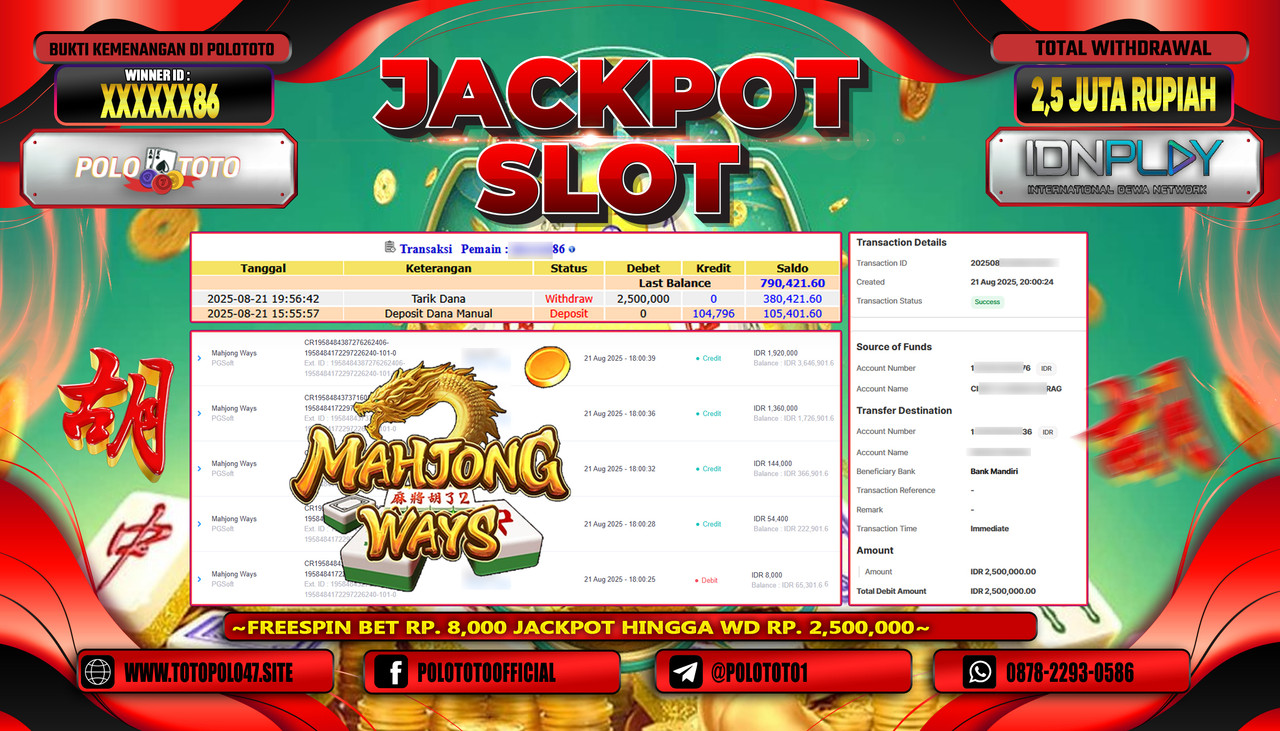 POLOTOTO JACKPOT SLOT MAHJONG WAYS Rp.2.500.000,- LUNAS