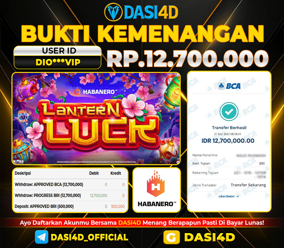 BUKTI KEMENANGAN 21 SEPTEMBER  2025 DI  LANTERN LUCK  RP .12.700.000