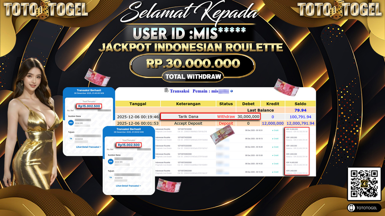 Bukti Pembayaran Jackpot Permainan Pragmatic Live Indonesian Roulette ID:MIS***** LUNAS