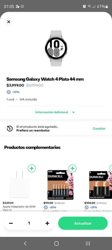 Rappi [Sanborns]: Samsung Galaxy Watch 4 Plata 44 mm 