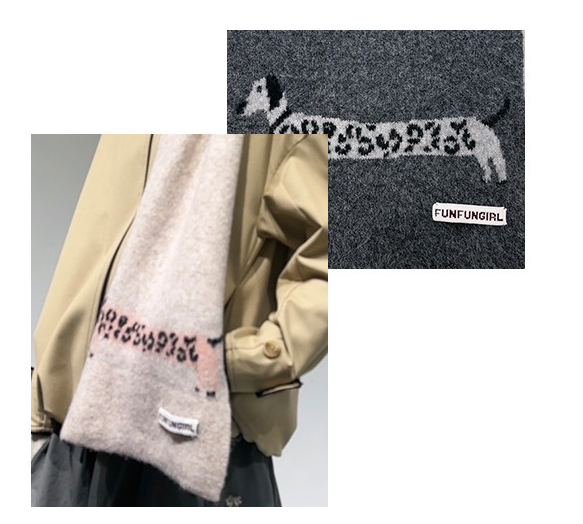 Red Korean-Style Wool Scarf with Dog Design - Unisex Knitted Winter Neck