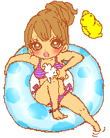 Pixel art of a woman in a bikini and holding an ice cream cone, floating in water on a circular pool floatie. There is a rubber duck floating next to her. She seems surprised, then winks at the viewer.