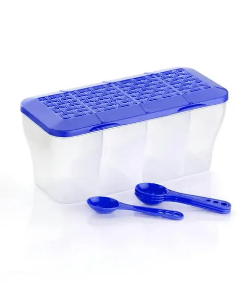 4 in 1 Multipurpose 4 Section Kitchen, Fridge Storage Airtight Container Set for Vegetables, Dryfruits, Spices, Groceries, and Pickles with 4 Spoons Storage Set 1800 ml- (Blue, Pack of 2) (R509)