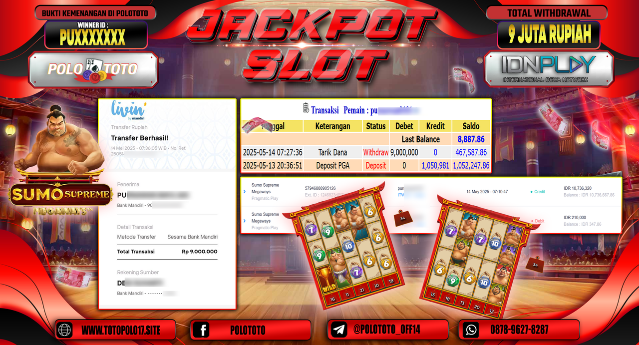 POLOTOTO JACKPOT SLOT SUMO SUPREME MEGAWAYS Rp.9.000.000,-