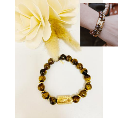 Bracelet Perles œil De Tigre Doré Unisexe – 17,8 Cm (réglable) – Cadeau Ami(e), Bracelet Empilable 10mm