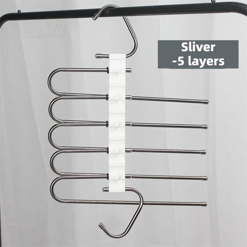 5-Layers Sliver Stainless Steel Pants Rack with Horizontal / Vertical Modes and Expandable Pull-Out Rods - High-Load Folding Magic Hanger