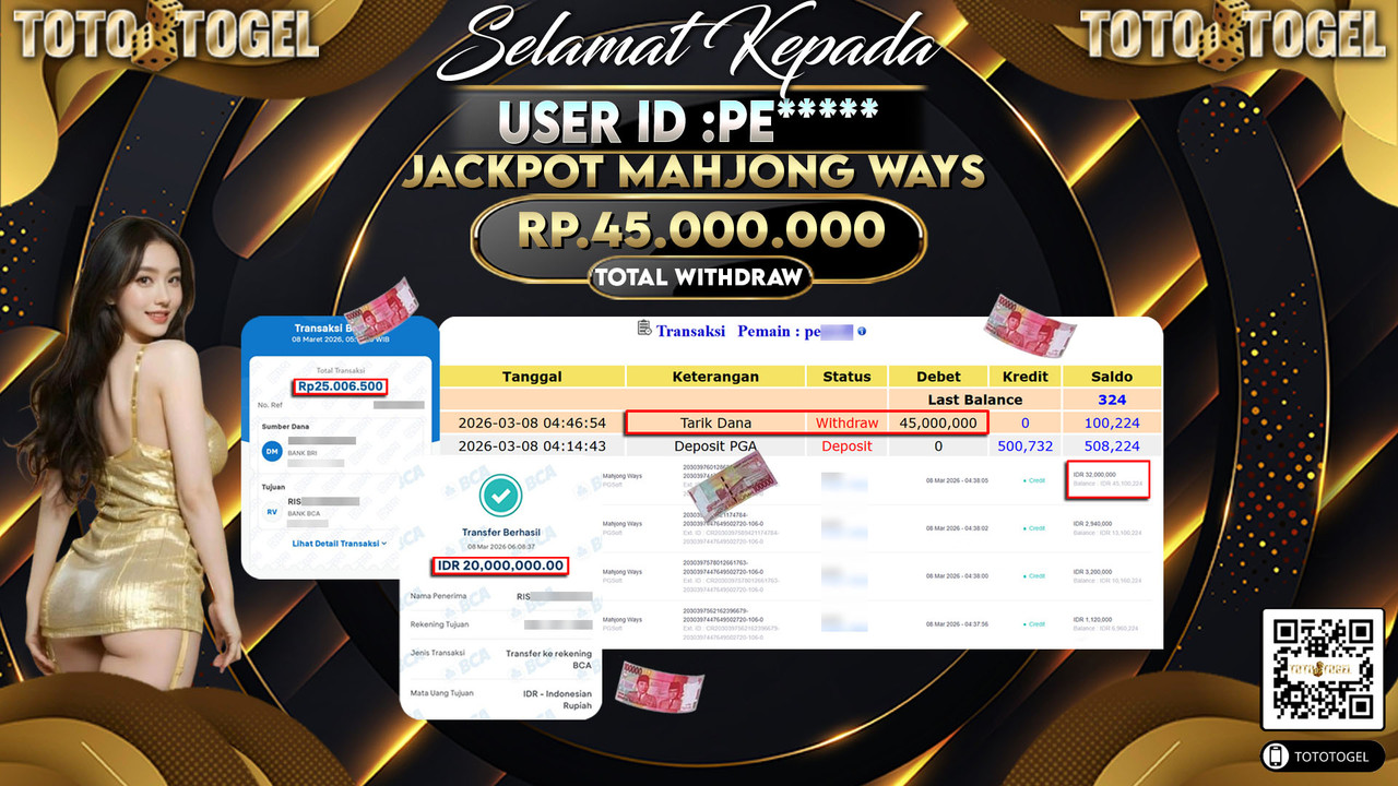 Bukti Pembayaran Jackpot Permainan Slot Mahjong Ways ID:PE*****LUNAS