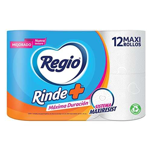 Amazon: Papel Higiénico Rinde Más; Nuevo Sistema Maxiresist para una Máxima Duración; Marca Regio; 12 Rollos 
