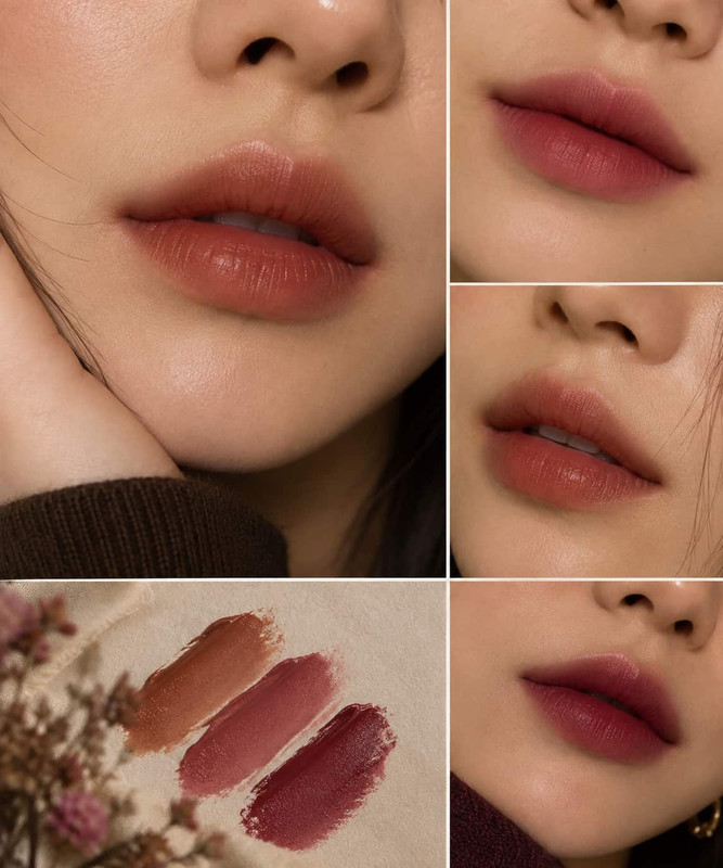 Close-up collage of women’s lips featuring natural tinted lip colors in soft rose, warm brown, mauve, and berry shades, with blurred edges and a diffused finish for an effortless fall makeup look.