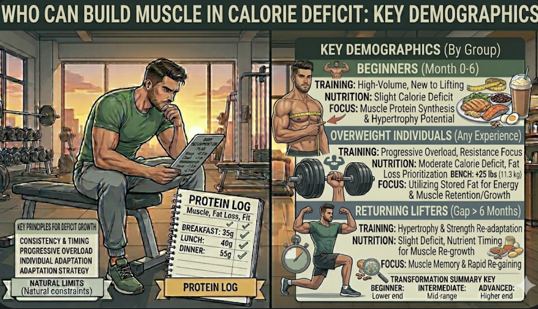 Body recomposition candidates showing beginners, overweight individuals, and returning lifters who can gain muscle while losing fat