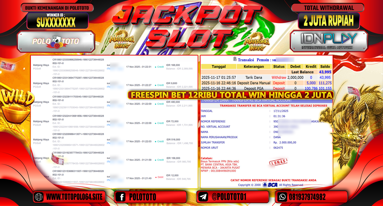 POLOTOTO JACKPOT SLOT MAHJONG WAYS Rp.2.000.000,- LUNAS
