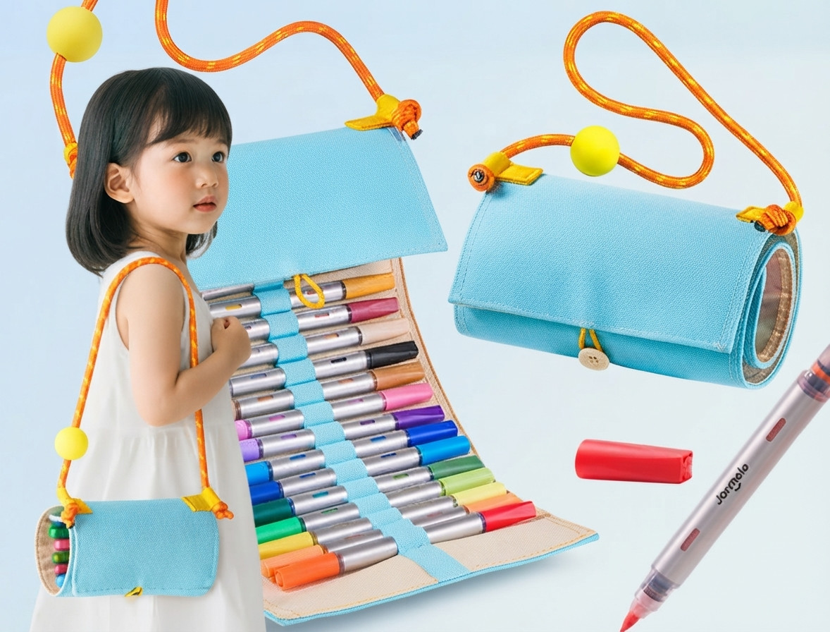 A child carrying the stylish roll-up marker pouch featuring individual marker slots and colorful strap design A child carrying the stylish roll-up marker pouch featuring individual marker slots and colorful strap design