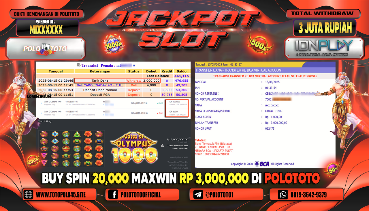 POLOTOTO JACKPOT SLOT GATES OF OLYMPUS 1000 Rp.3.000.000,-LUNAS