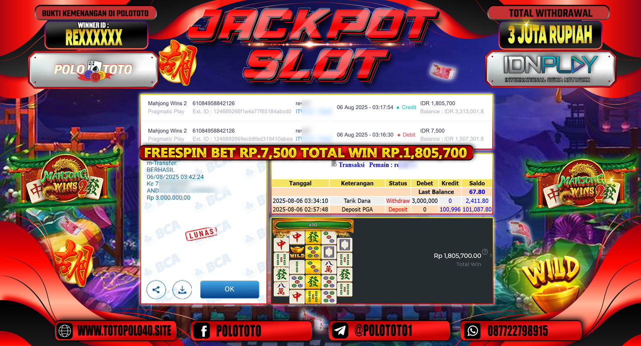 POLOTOTO JACKPOT SLOT MAHJONG WINS 2 Rp.3.000.000,-LUNAS
