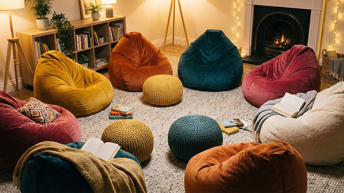 Зона отдыха с мягкими креслами-мешками и пуфами