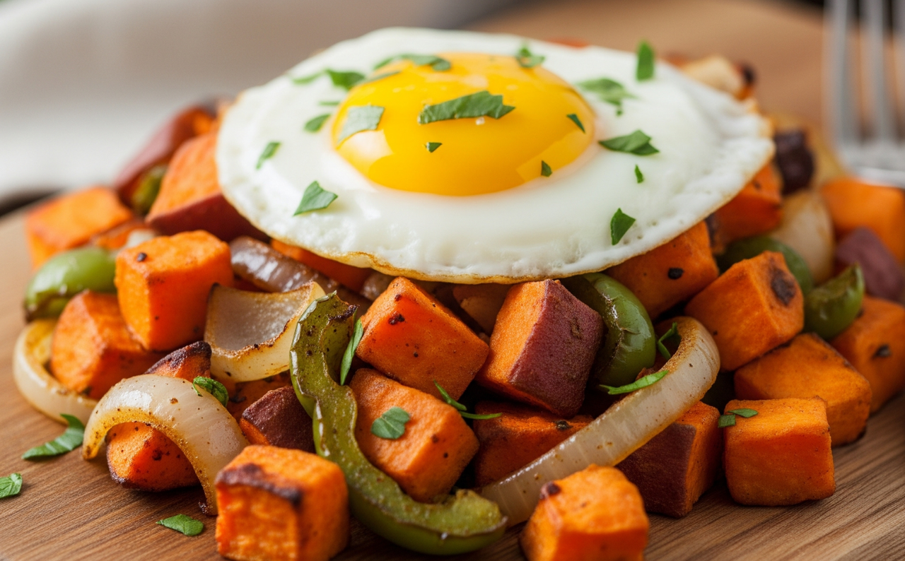 Sweet potato breakfast hash with egg