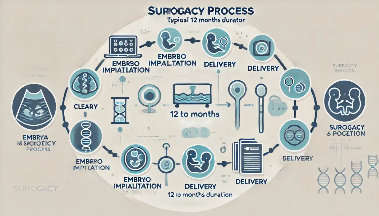 Timeline illustrating the surrogacy process from embryo implantation to delivery, typically taking 12 to 14 months.