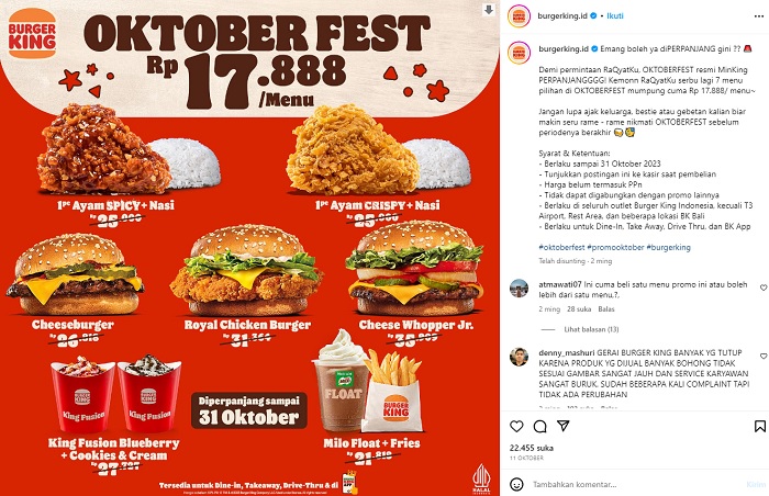 Burger King menawarkan promo Oktober Fest dengan harga cuma Rp 17 ribuan.