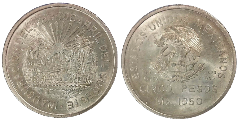 5 Pesos "Cuauhtémoc" - México, 1947 Ferrocarril