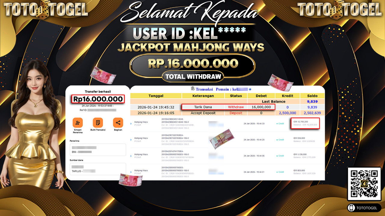 Bukti Pembayaran Jackpot Permainan Slot Mahjong Ways ID:KEL*****LUNAS