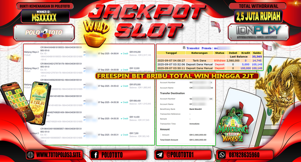 POLOTOTO JACKPOT SLOT MAHJONG WAYS 2 Rp.2.560.000,-