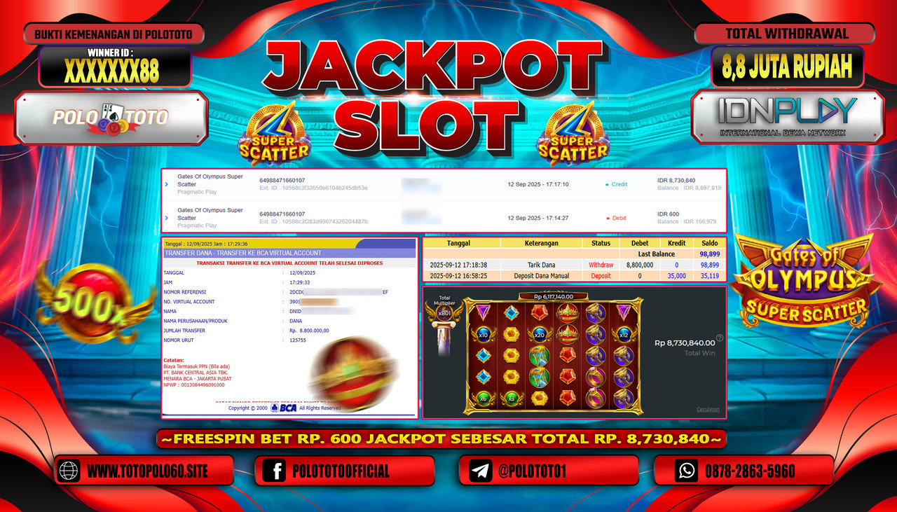 POLOTOTO JACKPOT SLOT GATES OF OLYMPUS SUPER SCATTER Rp.8.800.000,-LUNAS