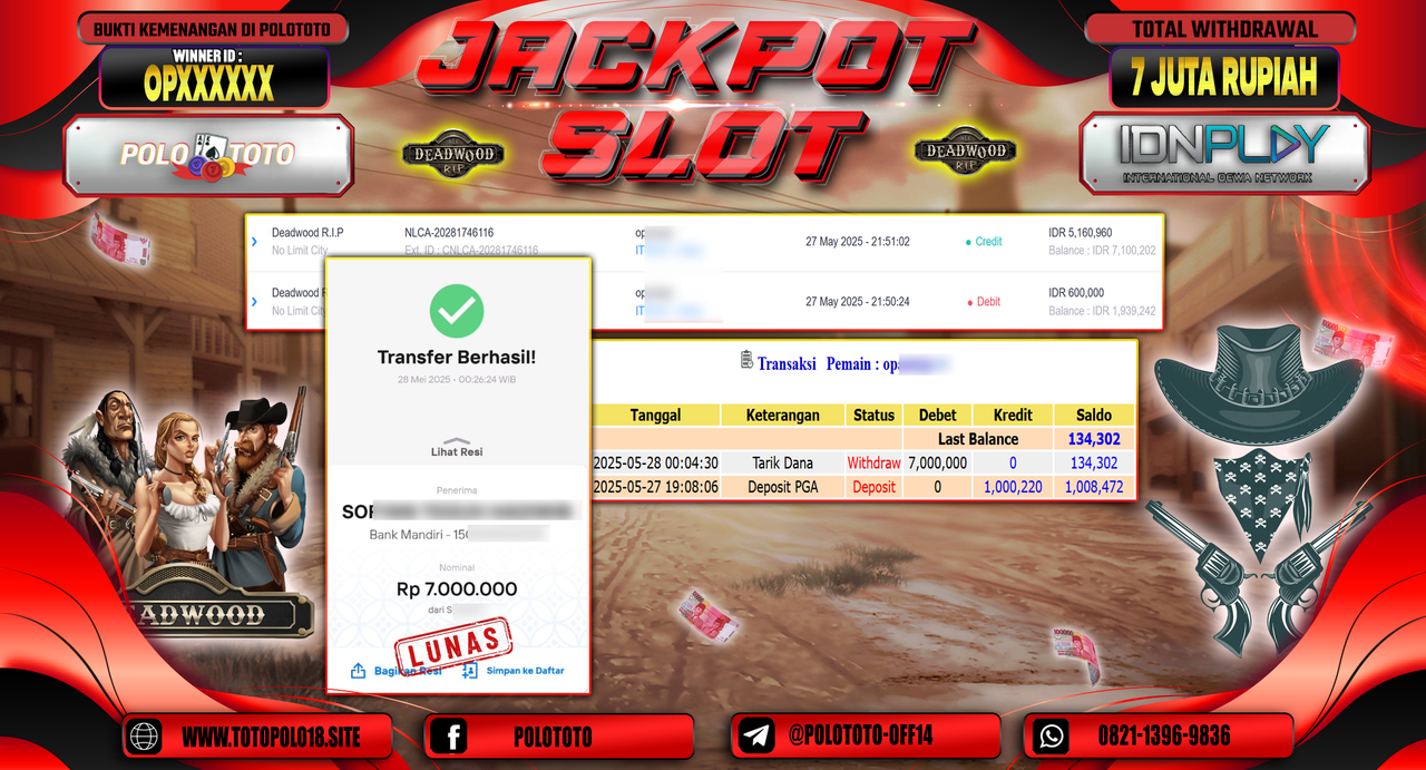 POLOTOTO JACKPOT SLOT DEADWOOD R.I.P Rp.7.000.000,-