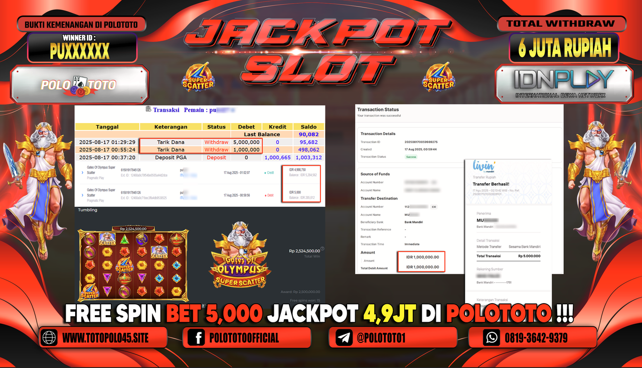 POLOTOTO JACKPOT SLOT GATES OF OLYMPUS SUPER SCATTER Rp.6.000.000,-