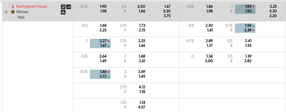 Tỷ lệ kèo Nottingham Forest vs Wolves