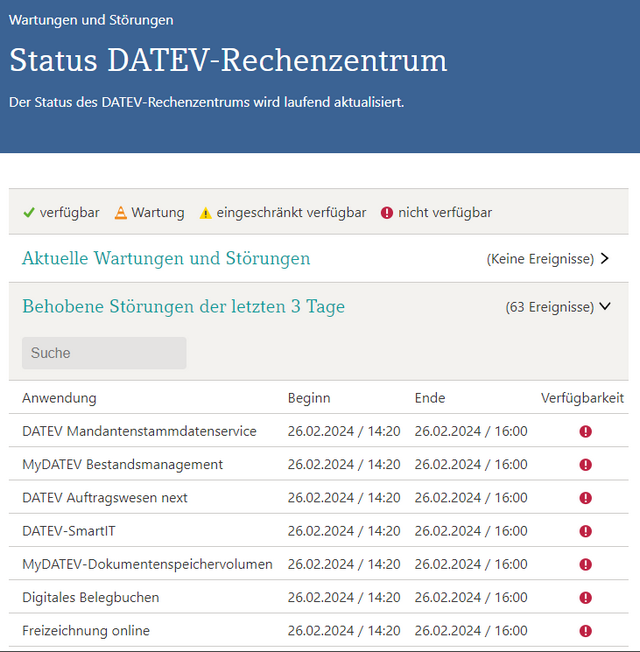 Statusseite des DATEV-Rechenzentrums