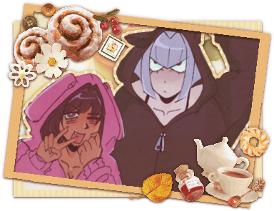 Main graphic of Megatron and Starscream (Both are bishoujo versions). They are in a photo frame with various autumn and cafe-related stickers around them.