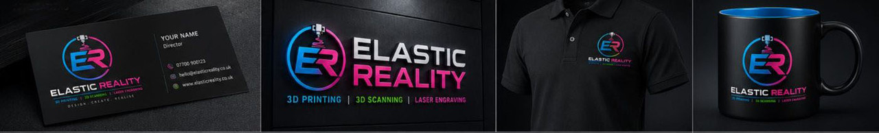 Elastic Reality branded applications — business card, signage, apparel, and mug
