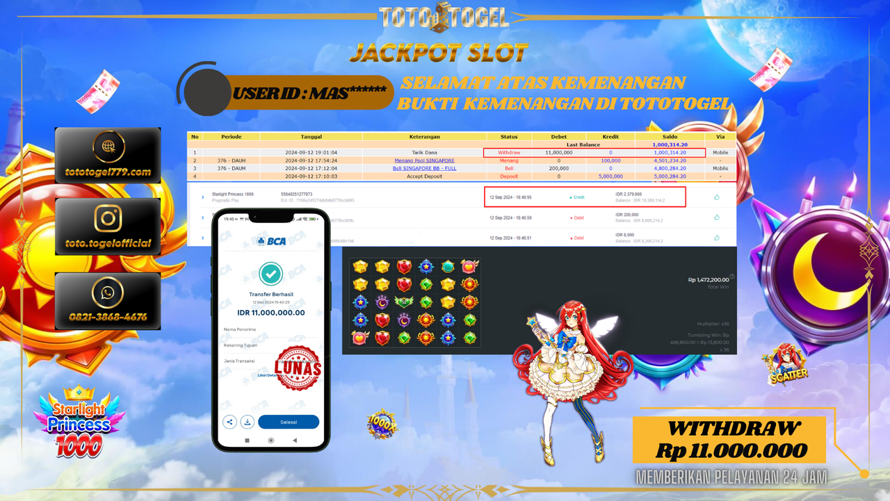 Bukti Kemenangan Permainan Slot Starlight Princess 1000 Dengan ID : XR***0 Terbayar Lunas!!