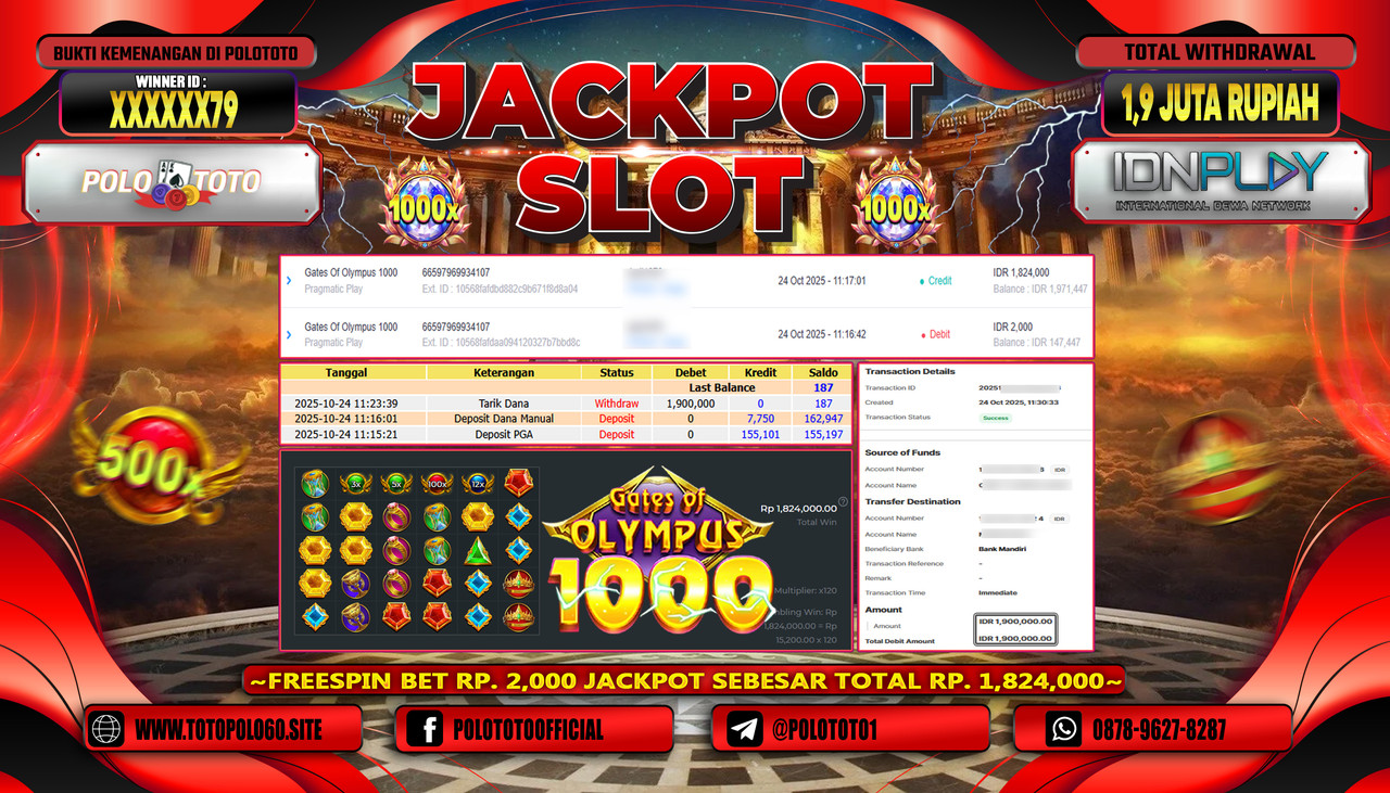 POLOTOTO JACKPOT SLOT GATES OF OLYMPUS 1000 Rp.1.900.000,- LUNAS