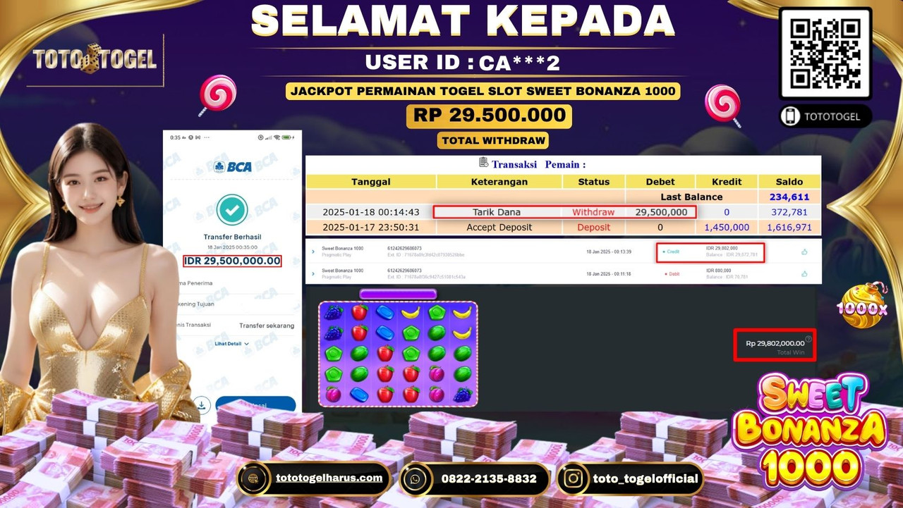 Bukti Pembayaran Jackpot  Permainan Slot Sweet Bonanza 1000  :CA***2  LUNAS